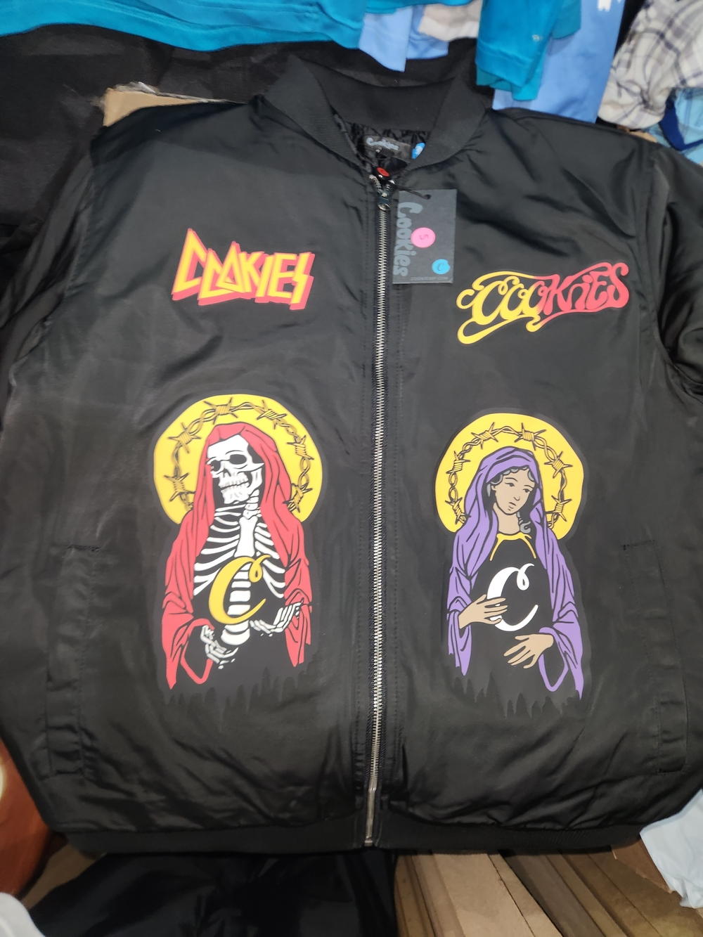Cookies Black Graphic Bomber Jacket with Red & Purple Panels